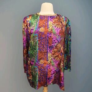 VTG 1970s Ruth Norman Artsy Bold Mixed Prints Blouse Size XL Shoulder Pads